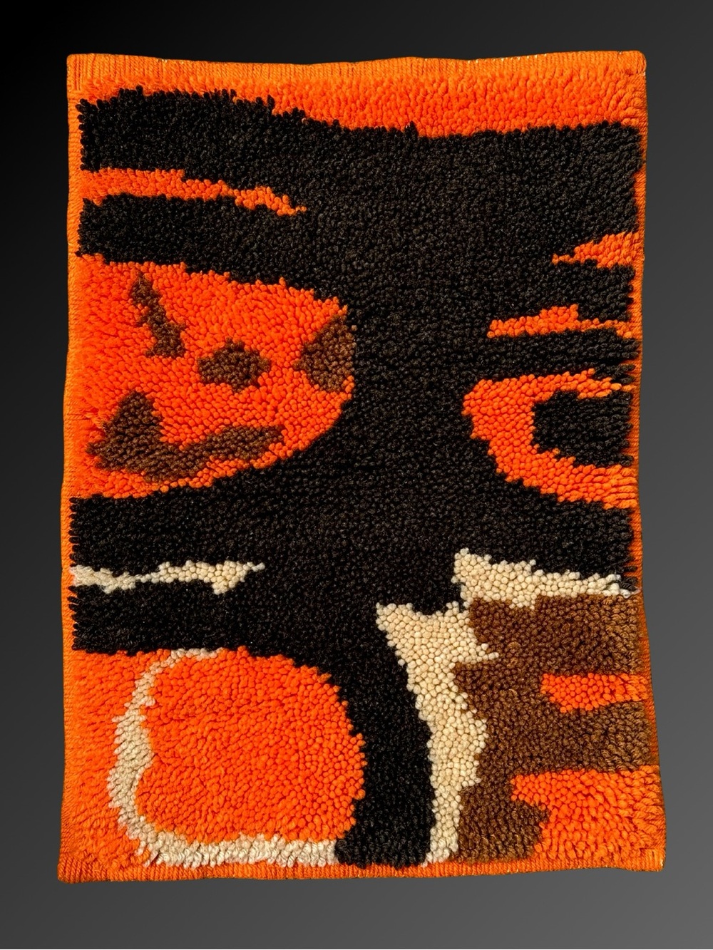 70s Mid-Century Latch Hook Rug | Abstract Orange Black Brown Wall Hanging